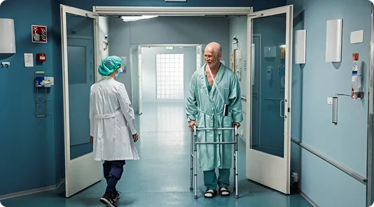 patient in hospital ward using a walker