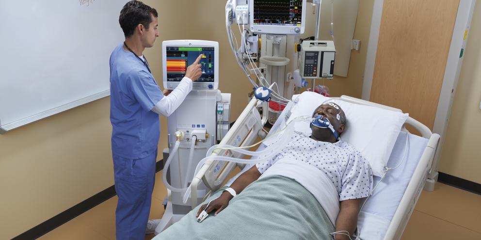 Patient connected to ventilator