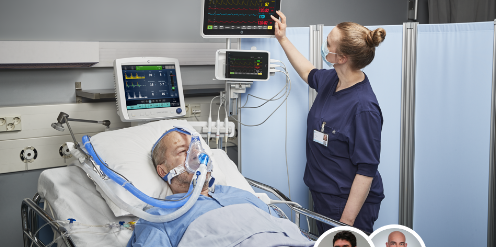 Patient in the ICU with a clinician taking care of him