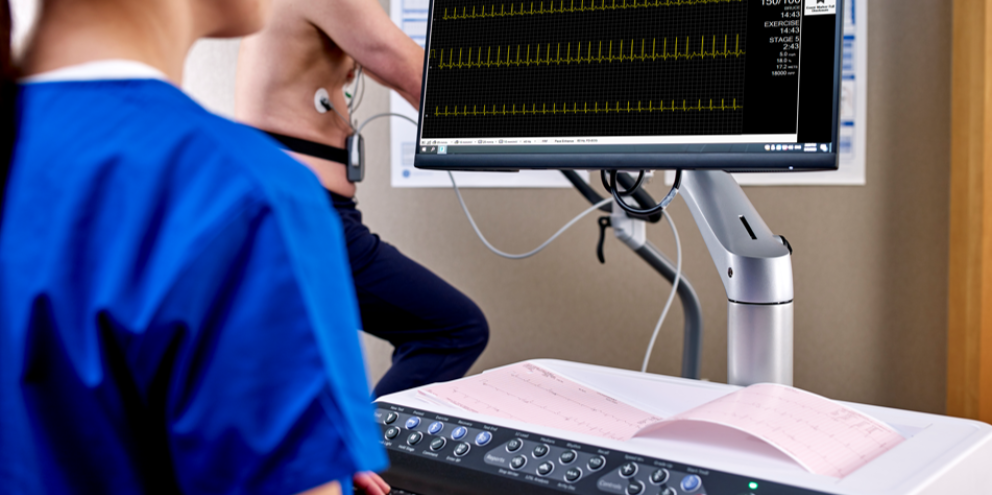 Male patient doing a stress test and clinician monitoring him