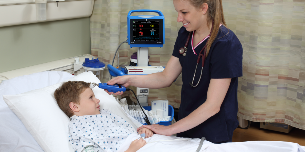 Pediatric patient being monitored in bed with VC150