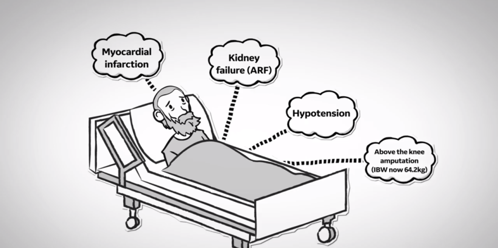 Animated man laying on bed with a case of amputation