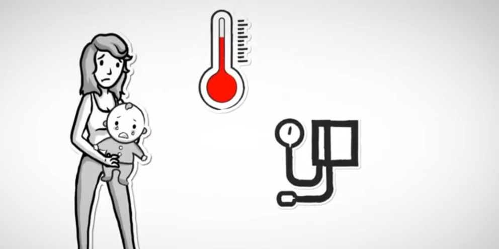 Animated woman holding her baby that has a complex case of indirect calorimetry 