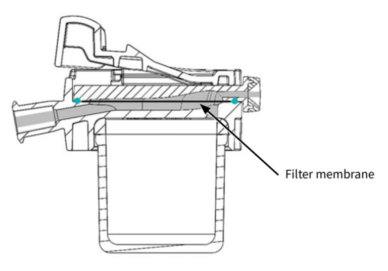 The inner design of D-Fend Pro water trap’s air channels (grey) and filter membrane (black)
