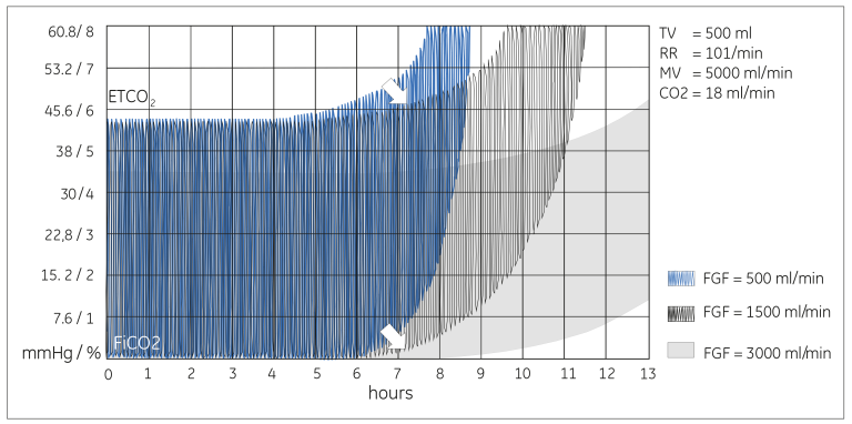 Laboratory test results showing how different fresh gas flows affect the duration of usability of the Datex-Ohmeda Compact Block absorber