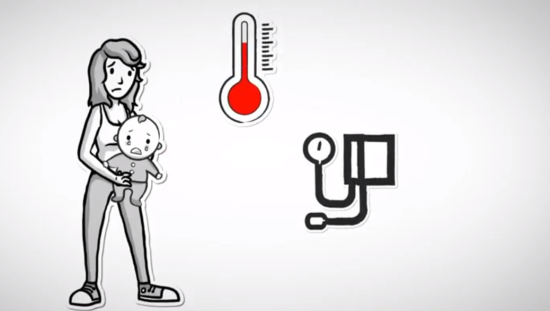 Animated woman holding her baby that has a complex case of indirect calorimetry 