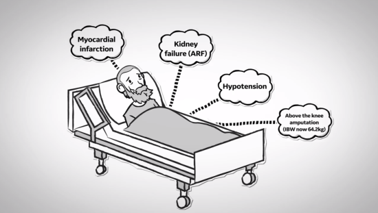 Animated man laying on bed with a case of amputation